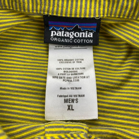 Patagonia Polo Shirt Men Extra Large XL Yellow Gray Stripes Golf Chest Pocket - Picture 2 of 6
